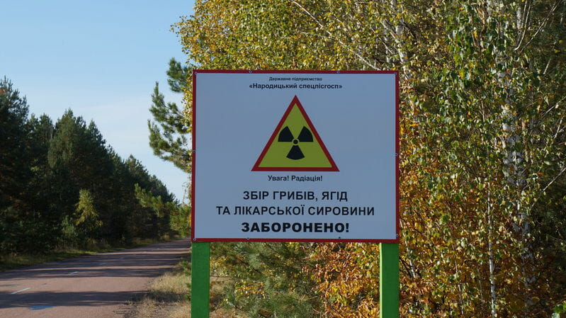 “Beware! Radiation!” sign on the road leading to the Narodychi special forestry.