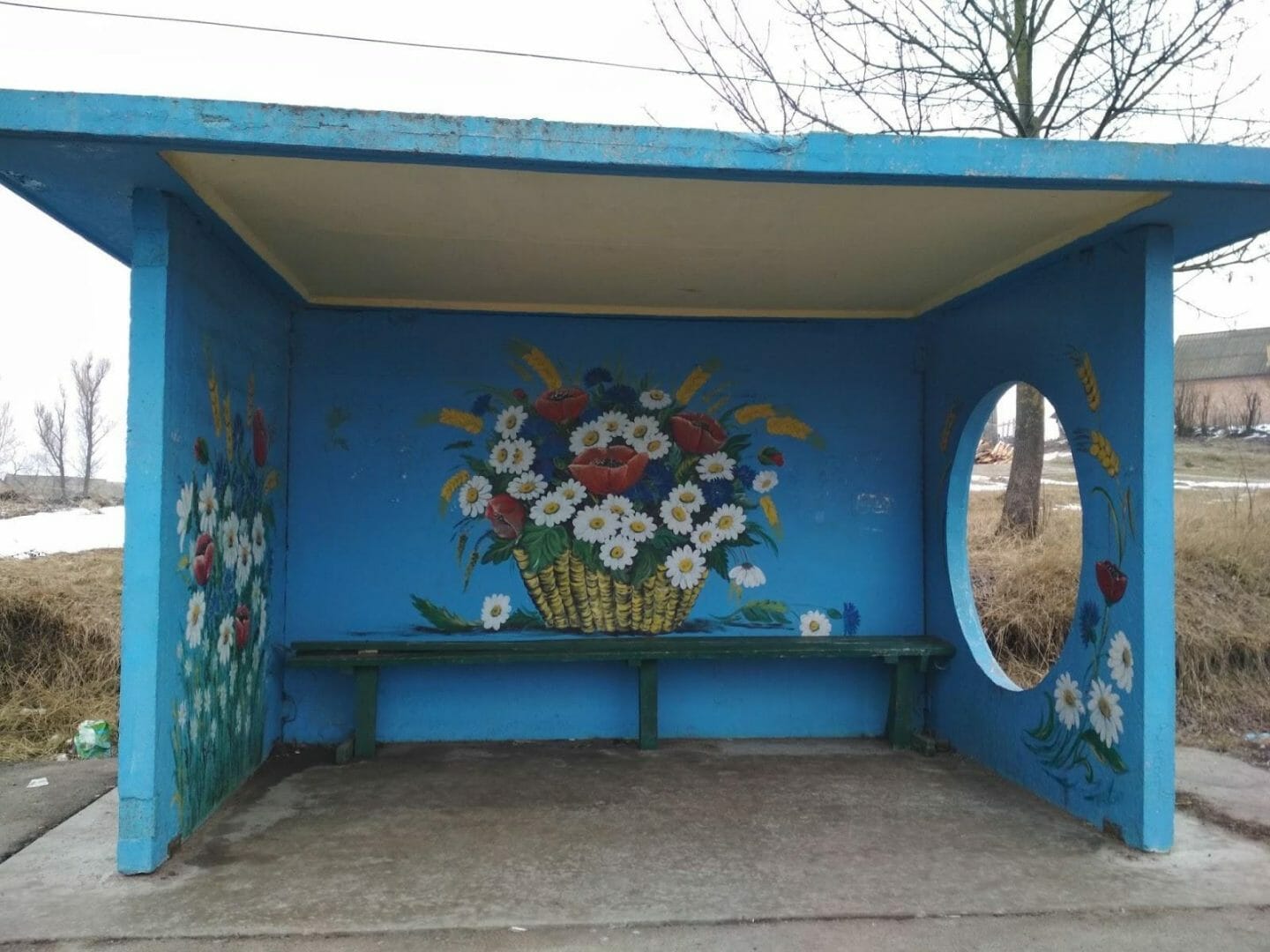 Bus stops decorated by a local artist. 